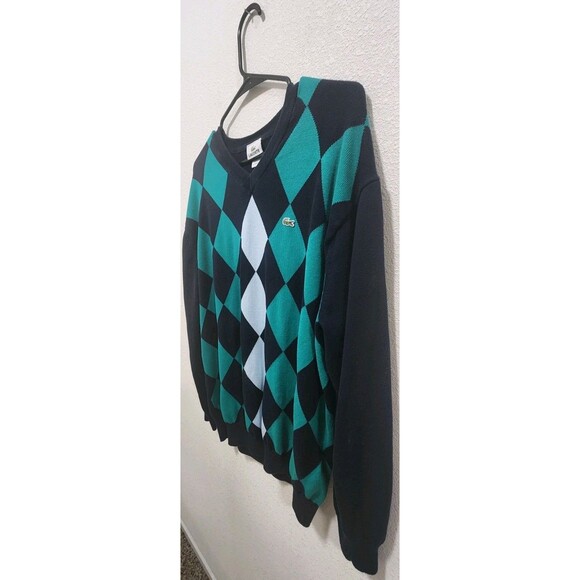 Lacoste Pullover Argyle V-Neck Sweater Men's Sz 7/L Long Sleeve Logo Blue Green - Picture 5 of 7